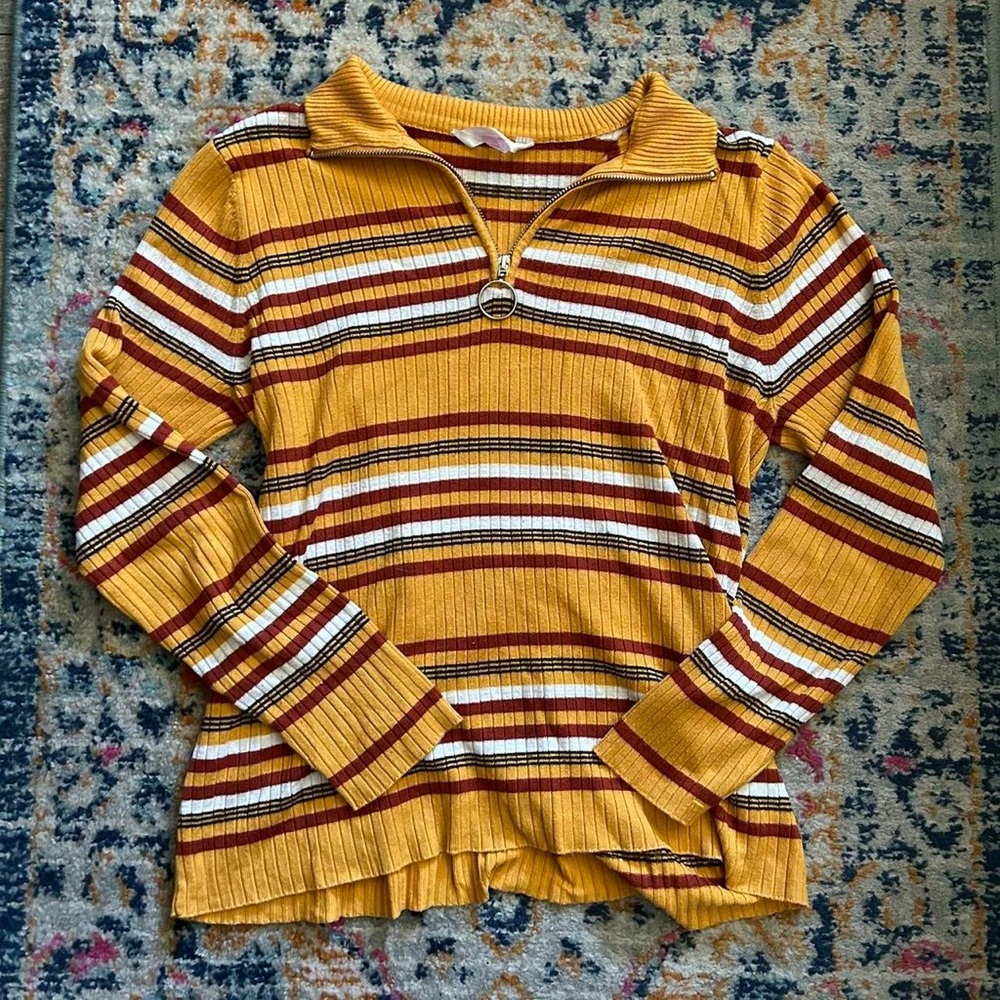 SOLD- Yellow, red, & white striped, long sleeve blouse with a functional zipper